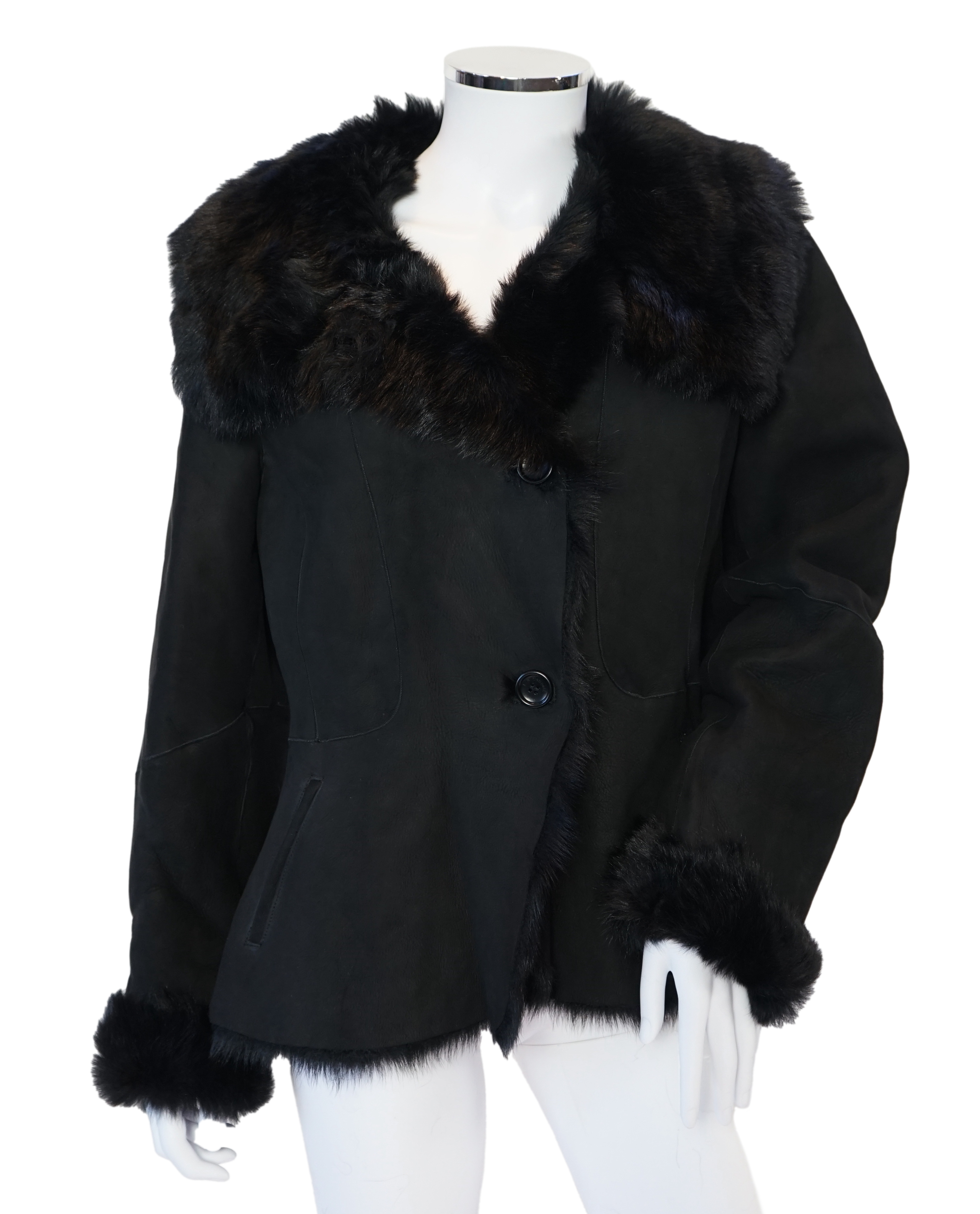 A lady's L K Bennett black shearling jacket, size Large